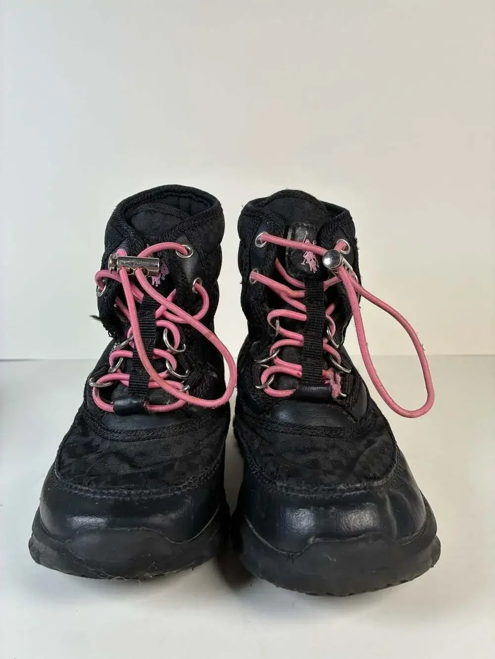 U.S. Polo Assn. Girls Black Quilted Winter Ankle Boots with Pink Laces